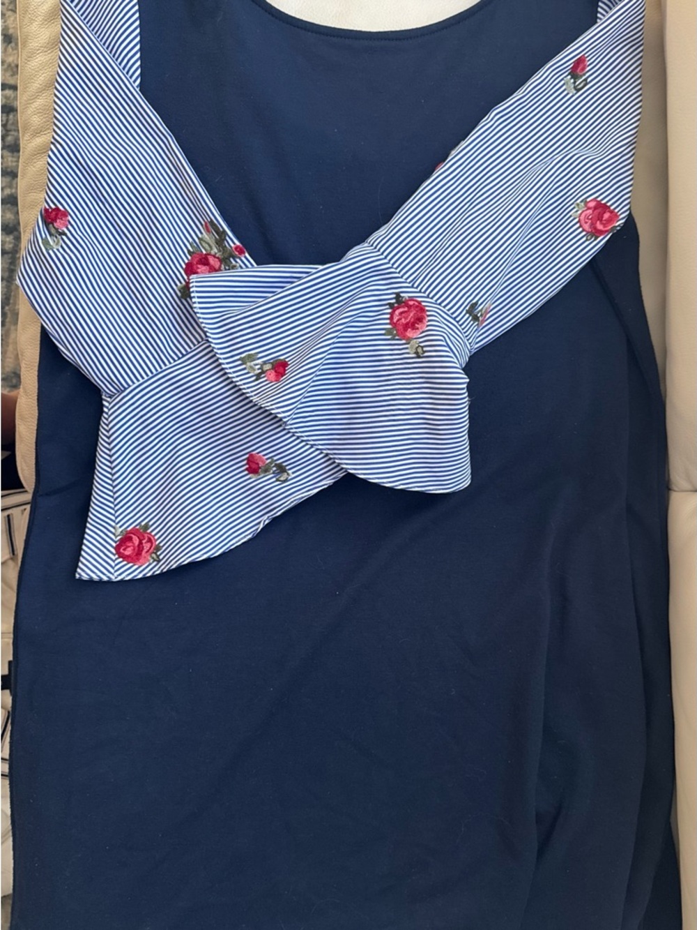 AGB Navy Scoop Neck Top with Striped Floral Bell Sleeves